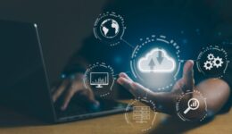 Man using Laptop and showing cloud computing diagram. Networking and internet service concept.