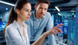 Engineers examining data on a screen together