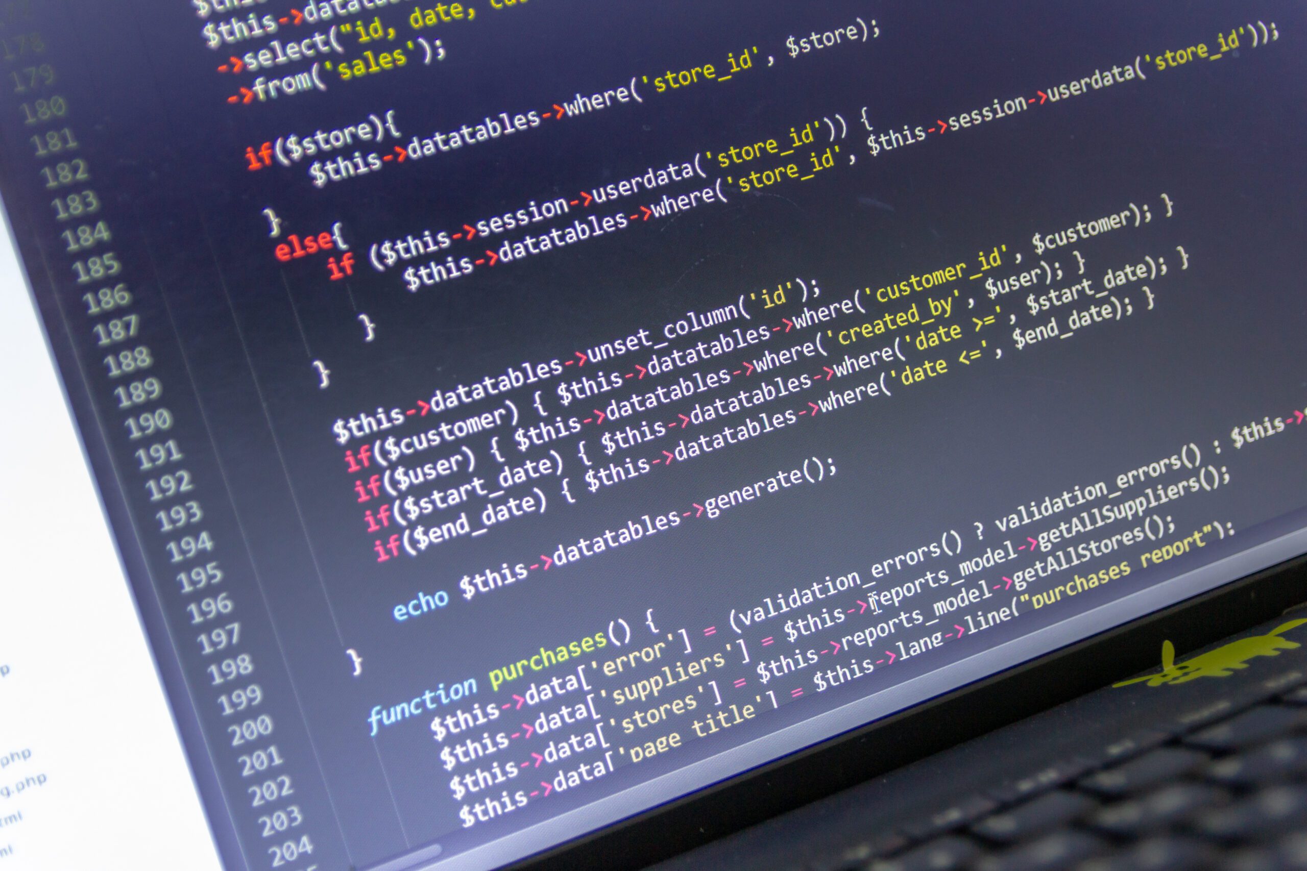 Modern web development background. Abstract pieces of PHP code of sale system.