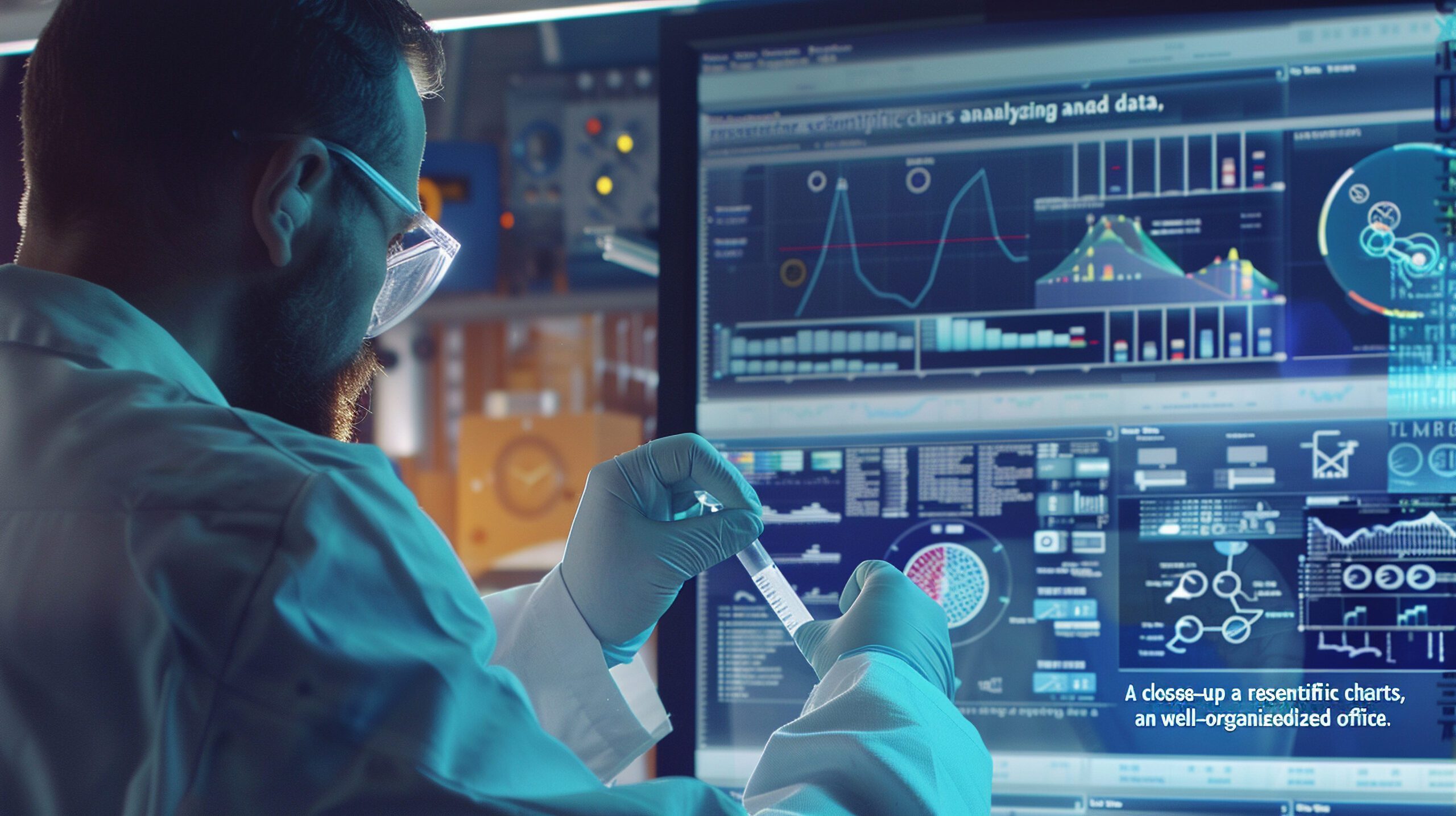 A close-up of a researcher analyzing data, with scientific charts, graphs, and detailed reports on display in a well-organized office.
