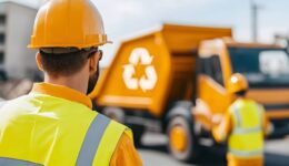 Worker Overseeing Recycling: A man in safety gear stands before a recycling truck, ensuring responsible waste management and environmental protection.