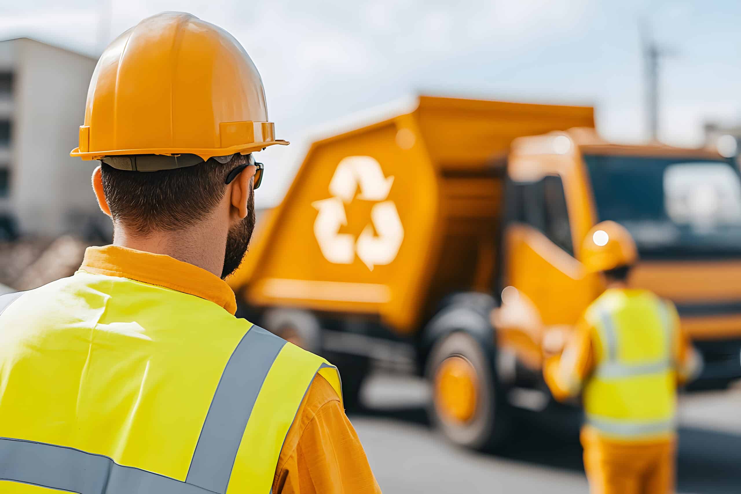 Worker Overseeing Recycling: A man in safety gear stands before a recycling truck, ensuring responsible waste management and environmental protection.