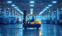 Forklift operating in illuminated warehouse at night. Forklift driver works in a brightly lit warehouse at night, surrounded by various equipment and storage racks.