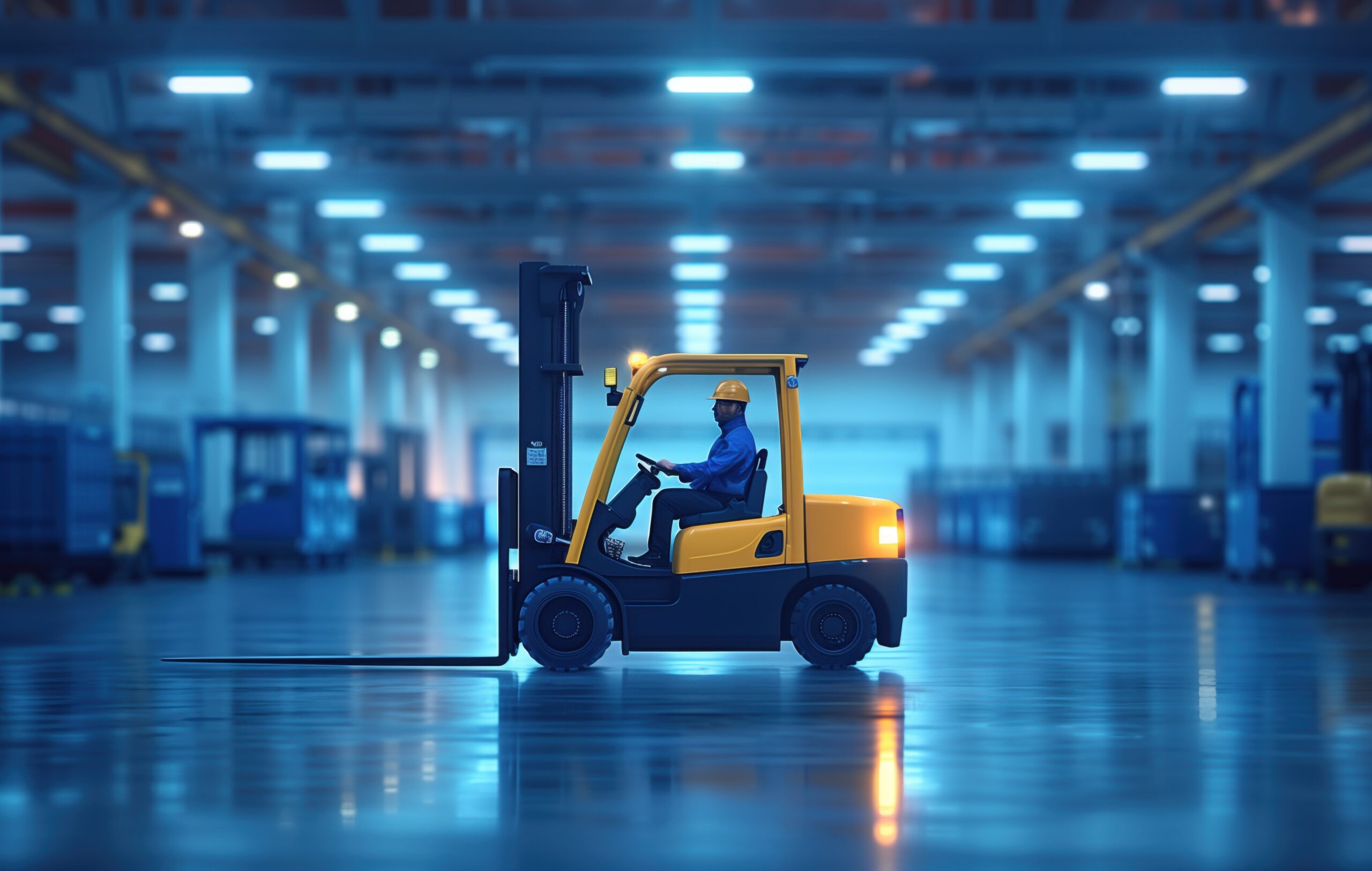 Forklift operating in illuminated warehouse at night. Forklift driver works in a brightly lit warehouse at night, surrounded by various equipment and storage racks.