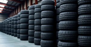 Stack of new tires at a warehouse.created with the help of artificial intelligence. Stack of new tires at a warehouse.created with the help of artificial intelligence.