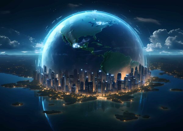 Digital future of the government and public sector with a connected smart city beneath a glowing Earth, symbolising global innovation and modernisation