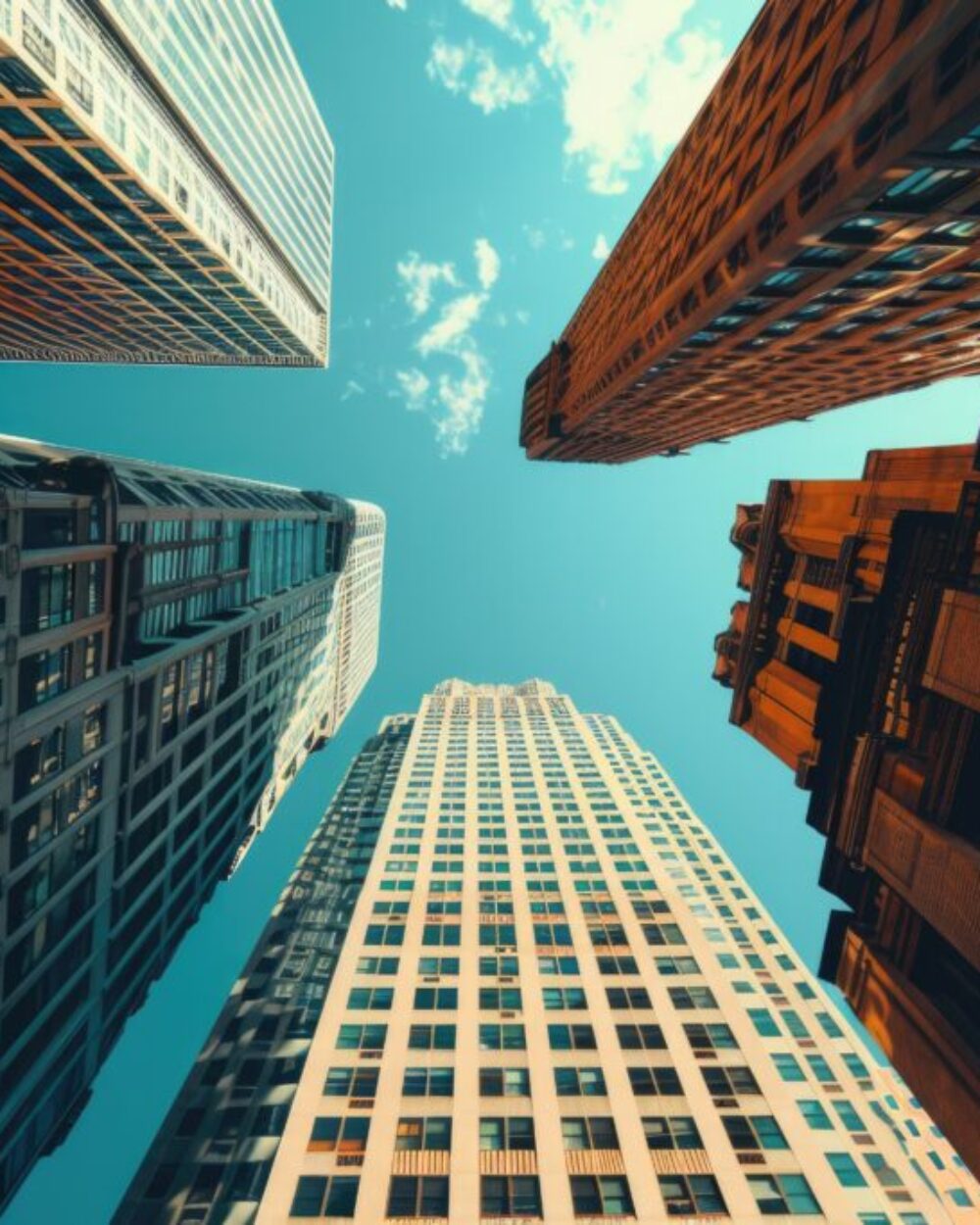 High Quality Picture of Low Angle View of Imposing Buildings with Shadows illustrating digital transformation in supply chains through AI-driven logistics, automation, and data integration.