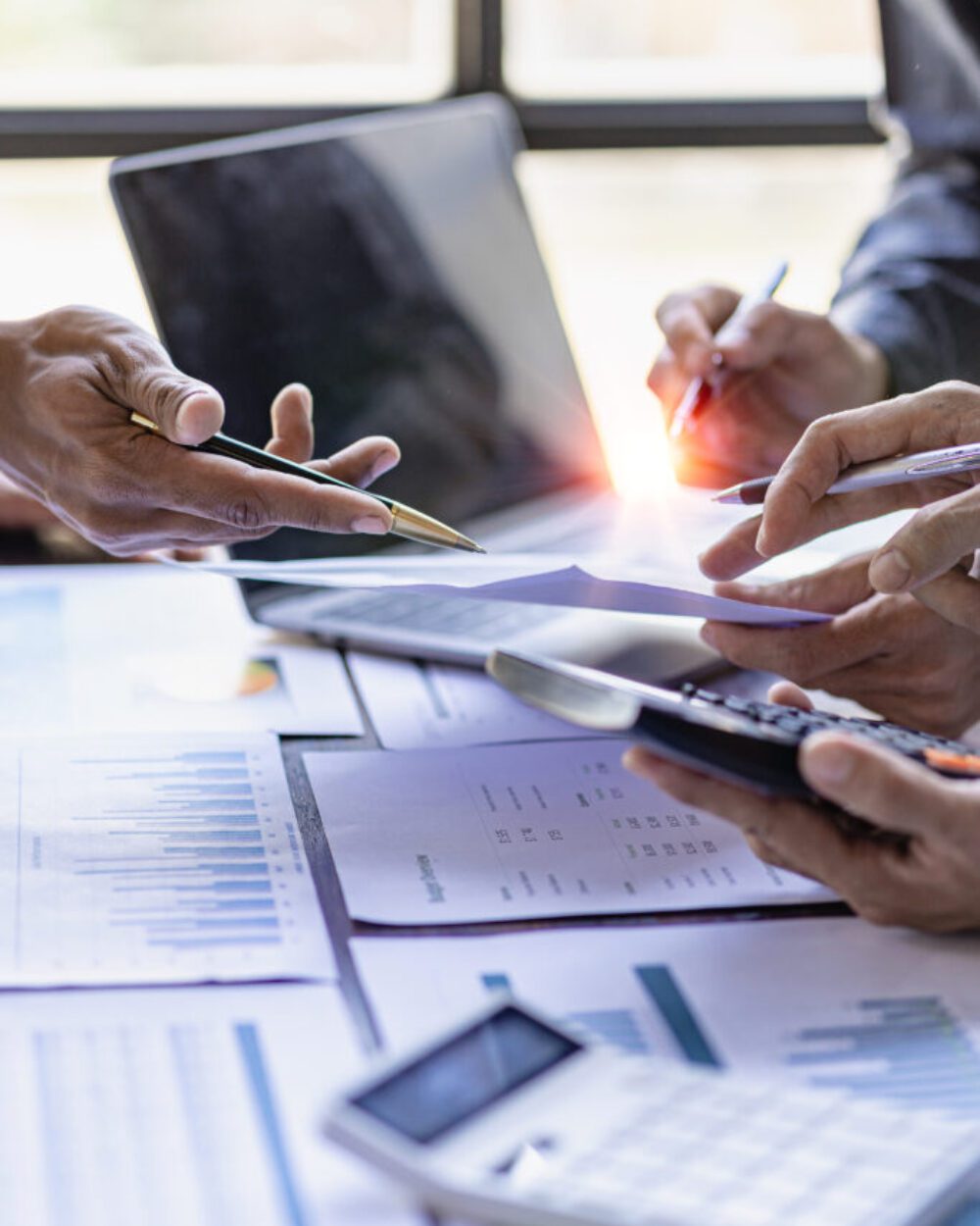 Consulting between bookkeepers and business lawyers on assets, balance sheets, stock market statistics. and annual tax law Protect your business from bribery in the office. vertical image Fintech innovation in banking and financial services automation.