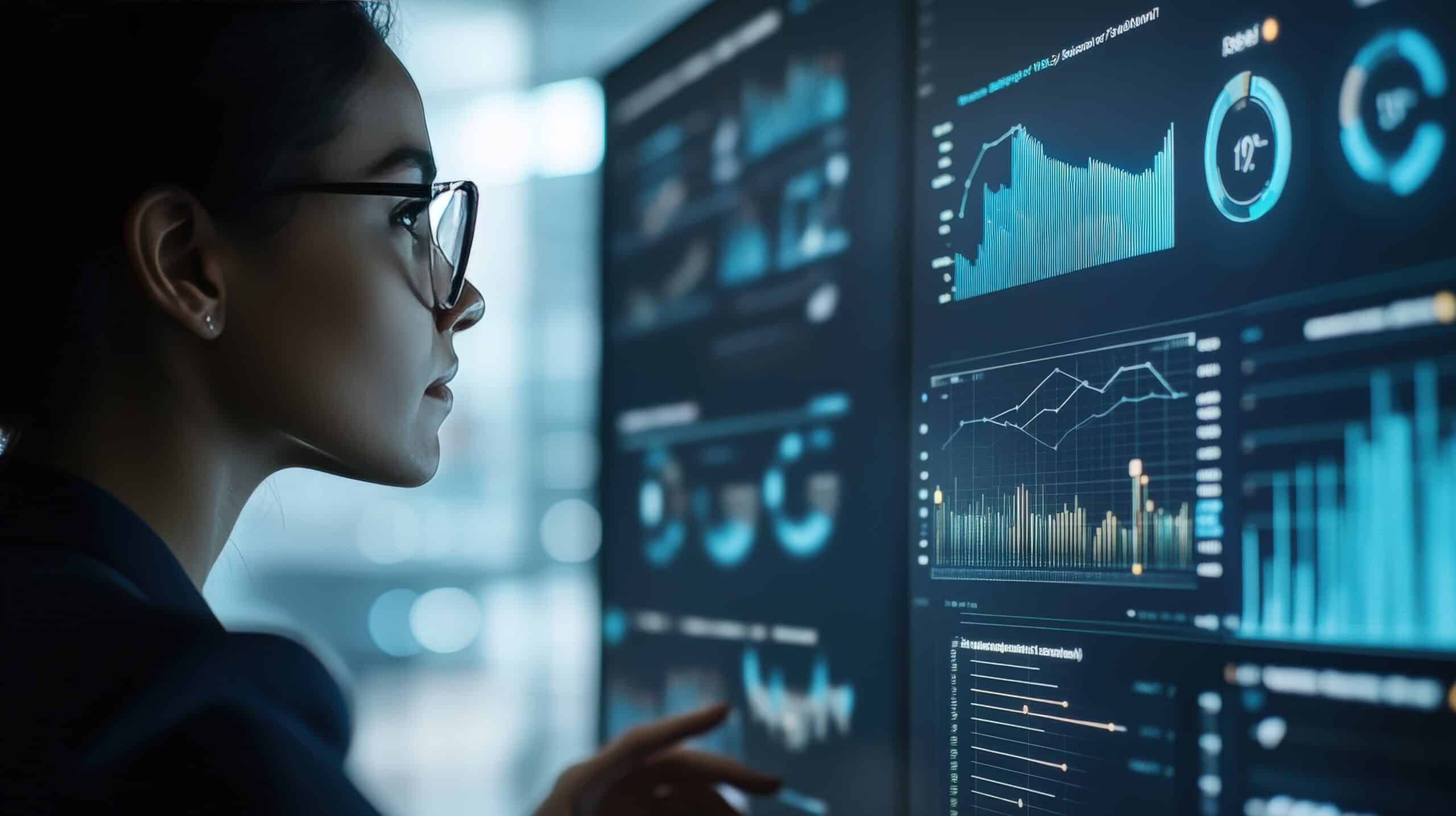 A close-up of a business professional using AI-powered analytics software to enhance business decision-making A close-up of a business professional using AI-powered analytics software to enhance business decision-making