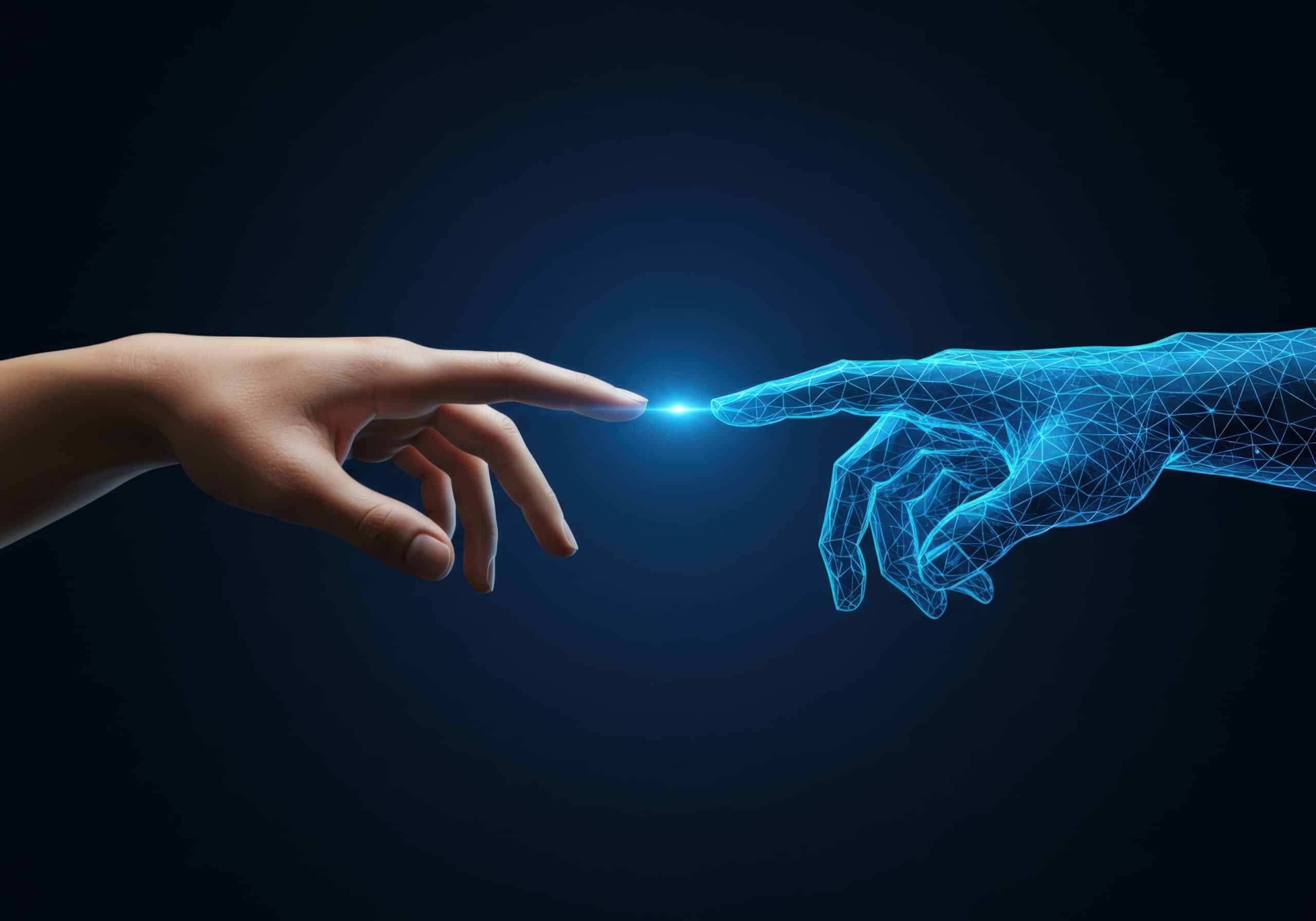 A human and a digital hand almost touching, representing technological connection. symbolising the impact of business application modernisation in the AI era.